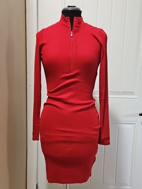 GUESS Red Ribbed Knit Mock Turtleneck Bodycon Dress M